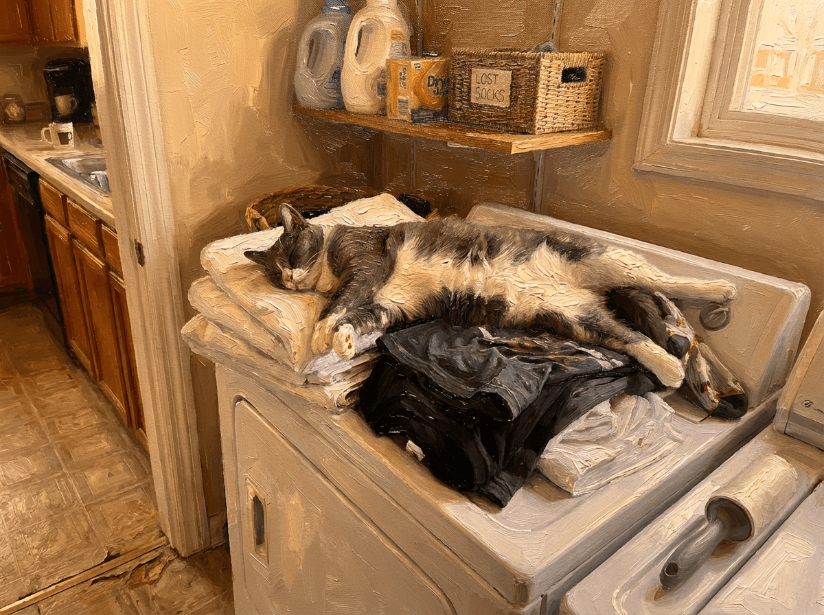 Oil painting of a cat asleep on a pile of laundry (example)