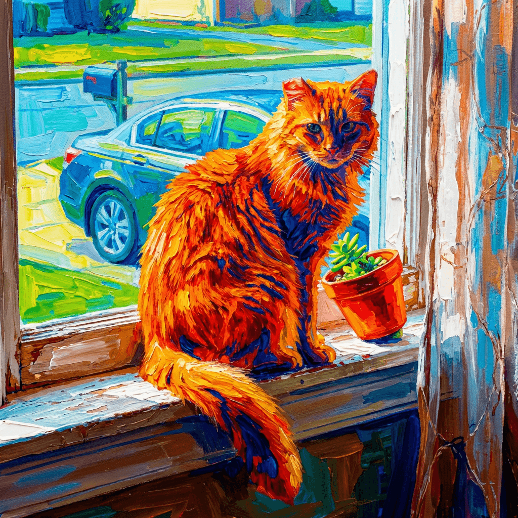Acrylic painting of a ginger cat on a windowsill (example)