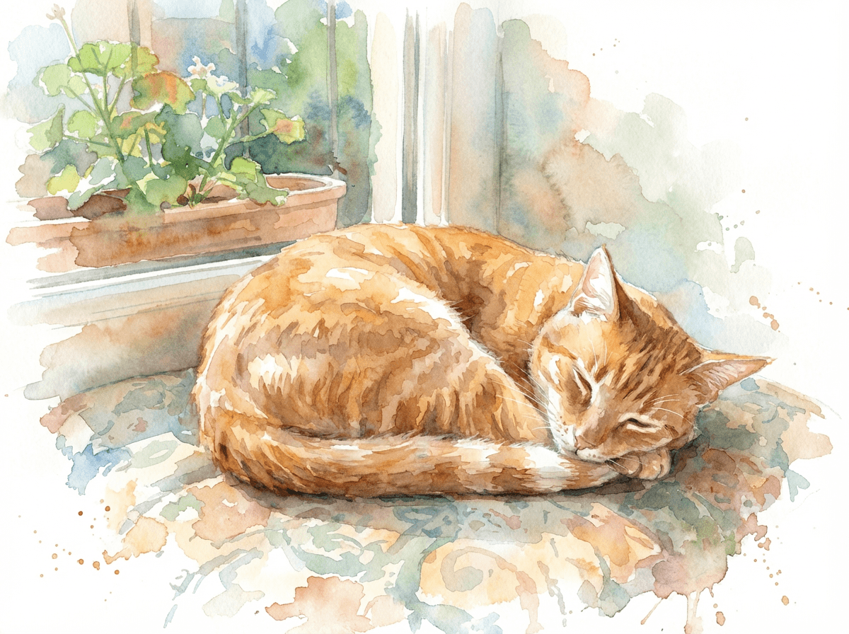 Watercolor painting of a ginger cat asleep by a sunny window (example)