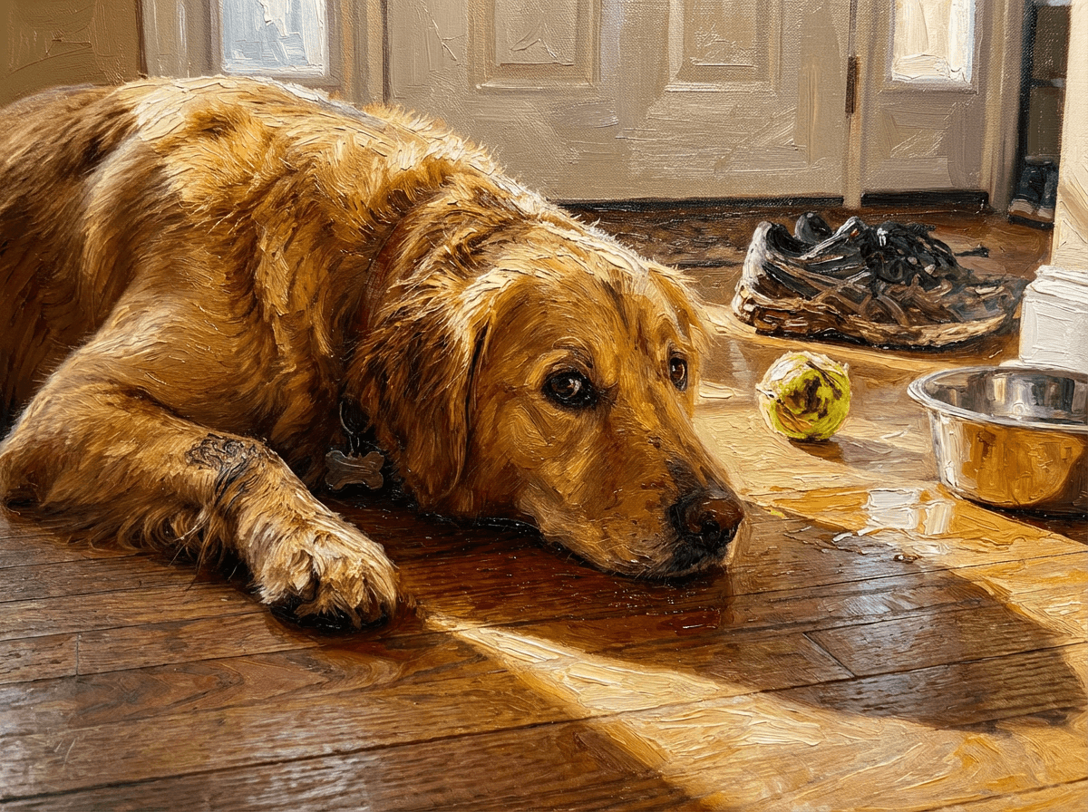 Oil painting of a golden retriever lying by the back door (example)