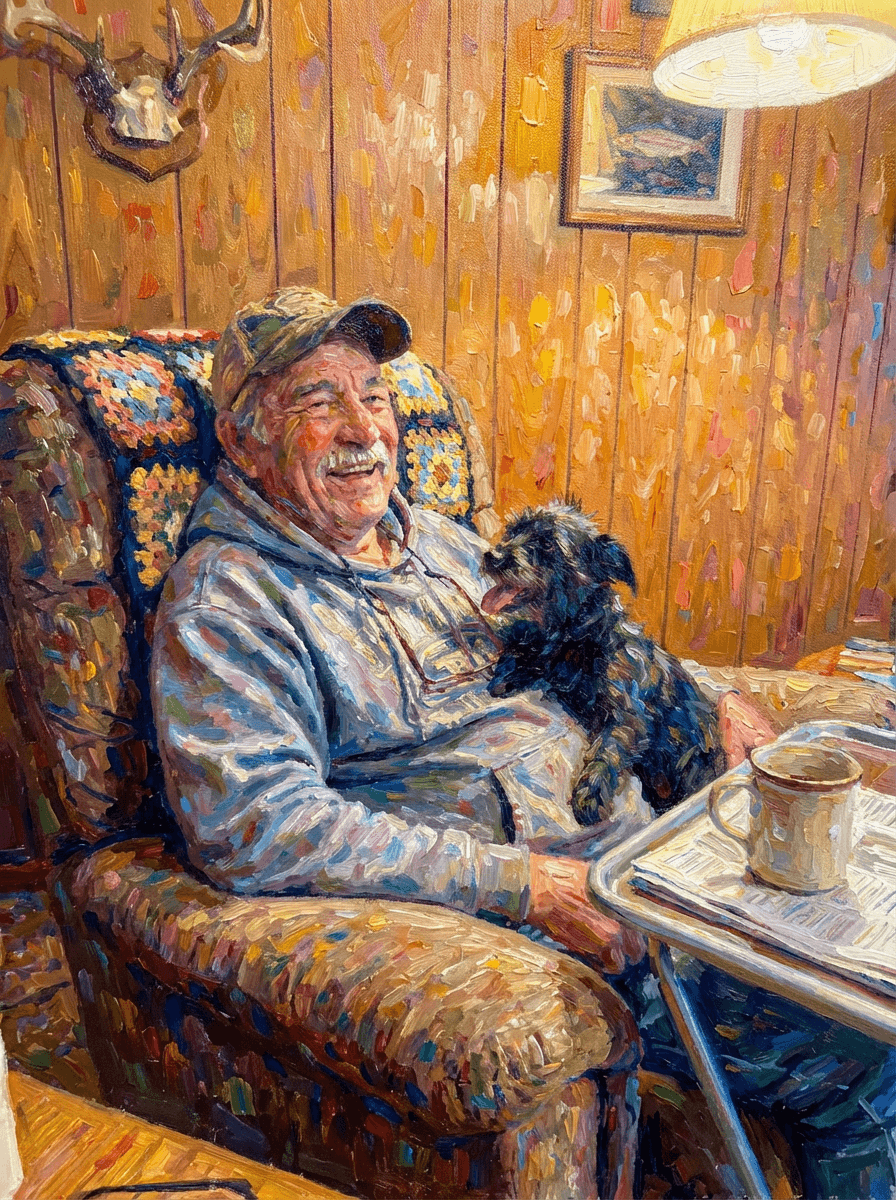 Impressionist painting of an older man in an armchair with a small black dog (example)