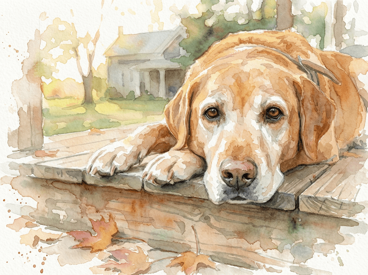 Watercolor painting of an older Labrador resting on a porch step (example)