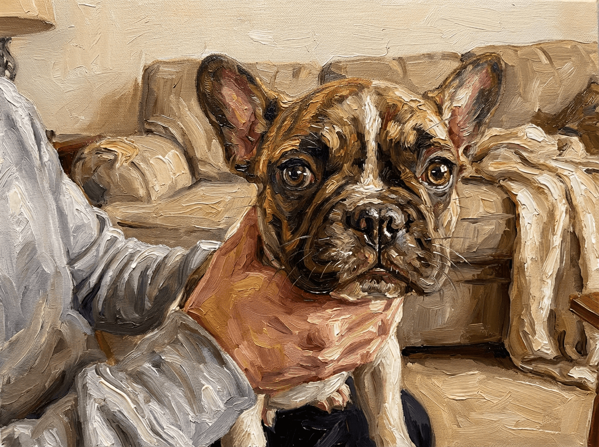Oil painting of a French bulldog puppy being held (example)