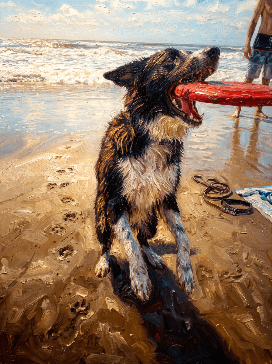 Oil painting of a dog with a frisbee on the beach (example)