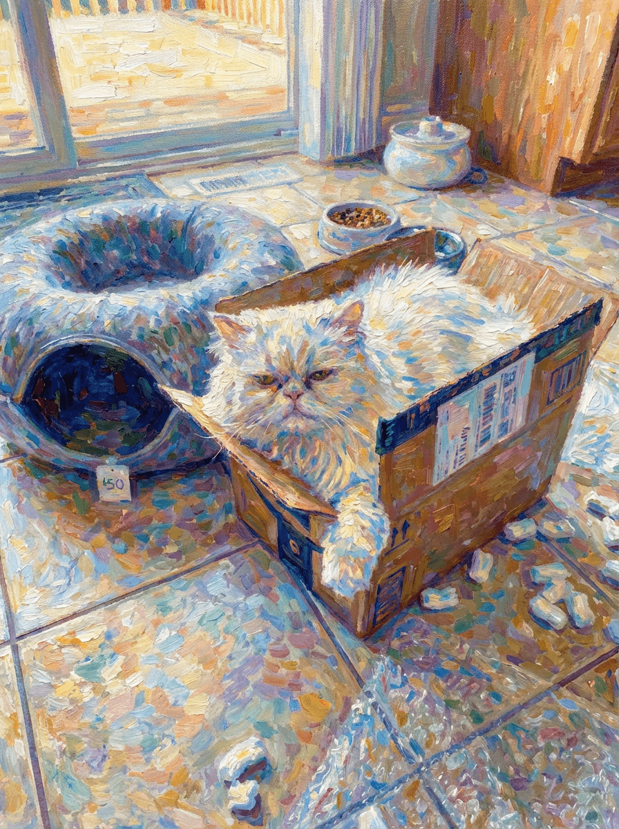 Impressionist painting of a white cat sitting in a cardboard box (example)