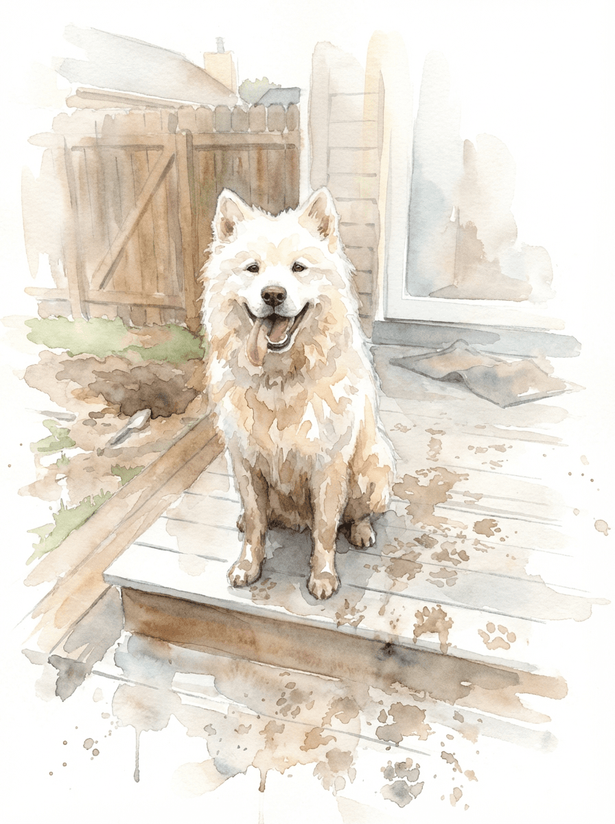 Watercolor painting of a white dog on a back step beside muddy paw prints (example)