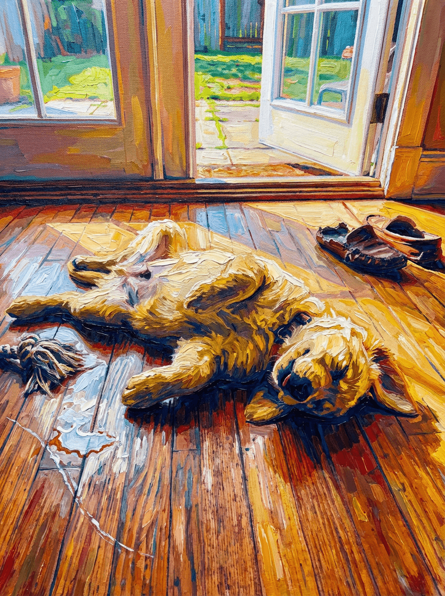 Acrylic painting of a golden puppy asleep on a wooden floor (example)