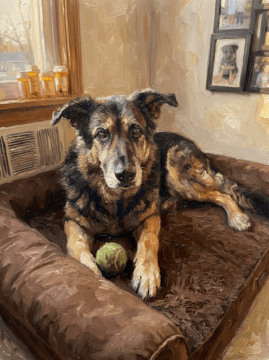 Oil painting of an older dog lying on a dog bed with a tennis ball (example)