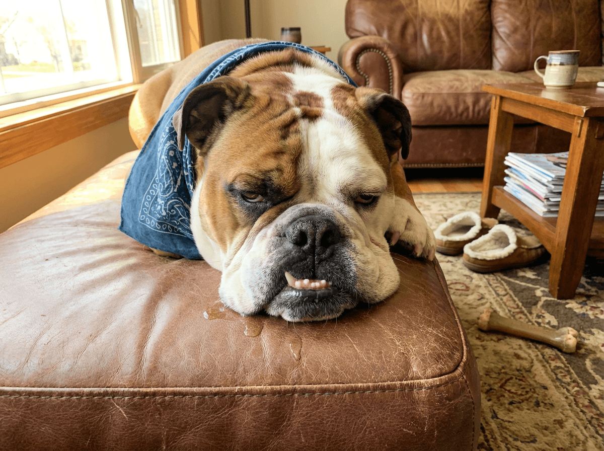 Example: a phone photo of a bulldog on a leather ottoman